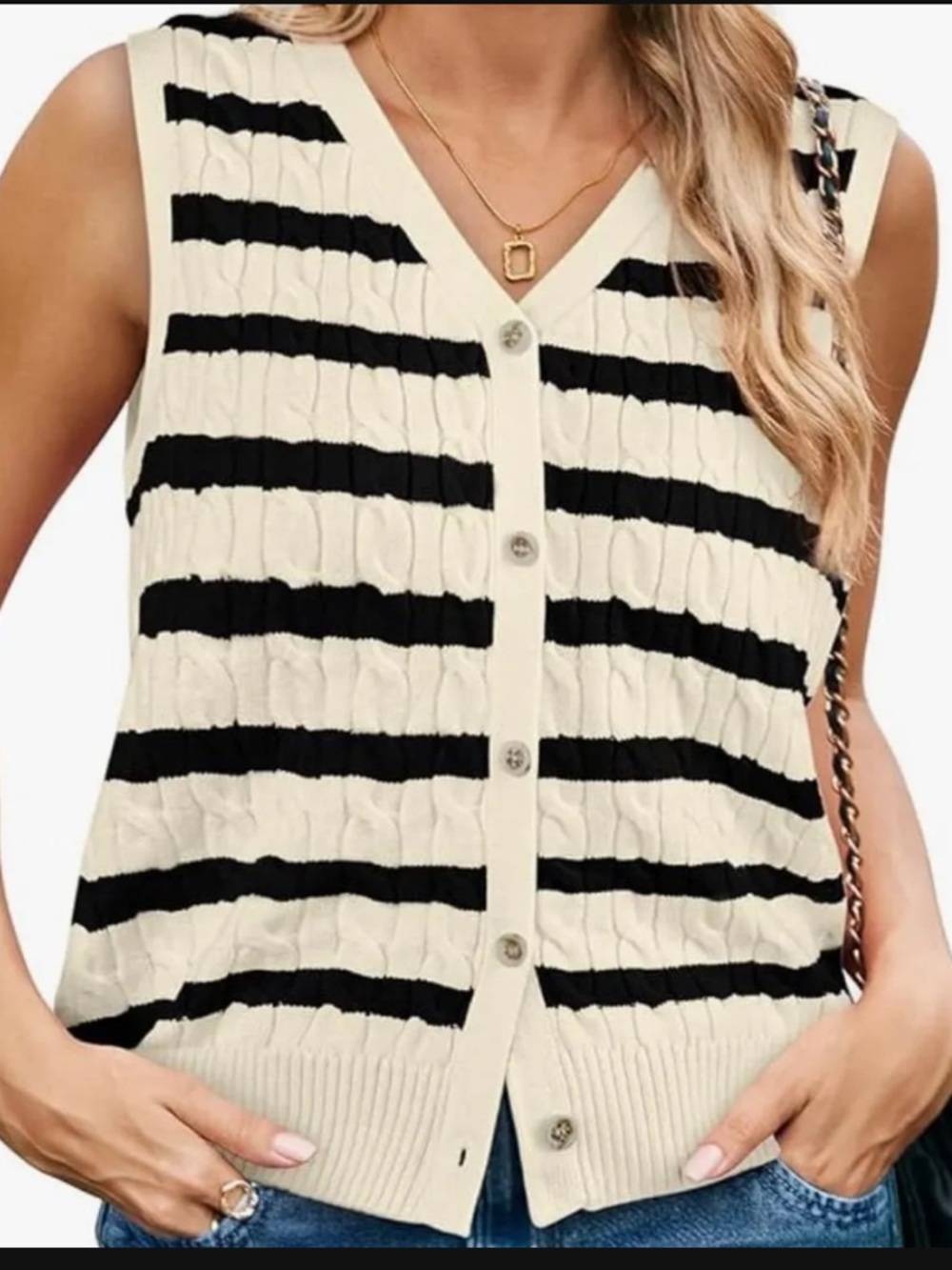 Cream & Navy Striped Cable-Knit Sweater Vest Women’s Size Small Preppy Acadamia